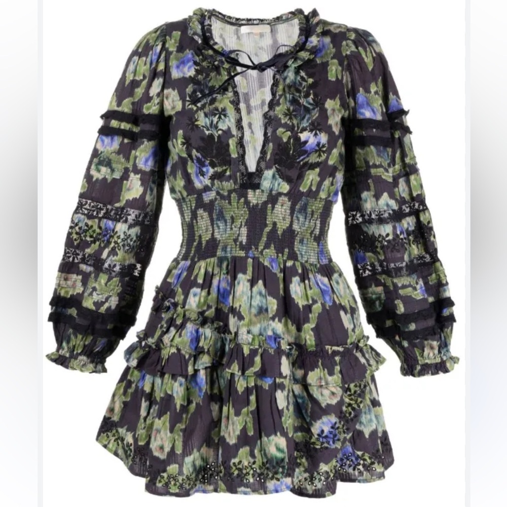 LoveShackFancy Clarkie Deep Blue Floral Smocked Waist Minidress Women's Small